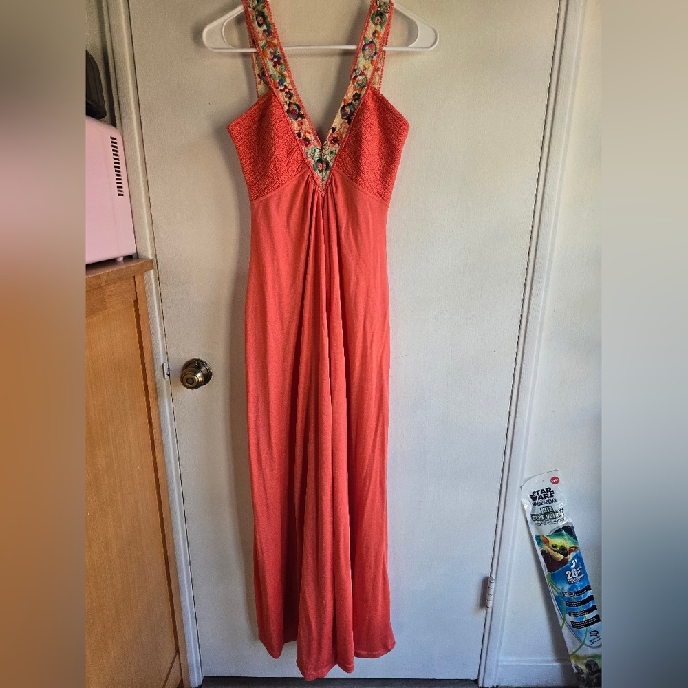 Vintage Embroidered Coral Maxi Dress Small